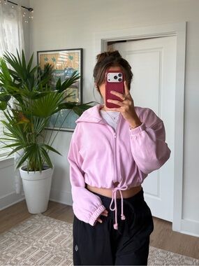 H&M Light Pink Cropped Zip Hoodie with Drawstring